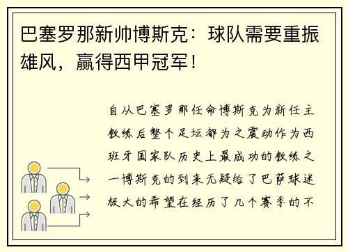 巴塞罗那新帅博斯克：球队需要重振雄风，赢得西甲冠军！